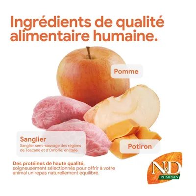 Ingrédients : pomme, sanglier de Toscane et d’Ombrie, potiron. Protéines de haute qualité pour une alimentation animale équilibrée. Marque : N&D Pumpkin.