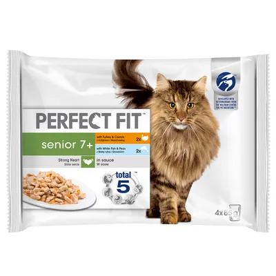 PERFECT FIT senior 7+ kattemad, 2x med kalkun og gulerødder, 2x med hvid fisk og ærter, i sovs, total 5, 4x85g. Billede af langhåret kat på emballagen.