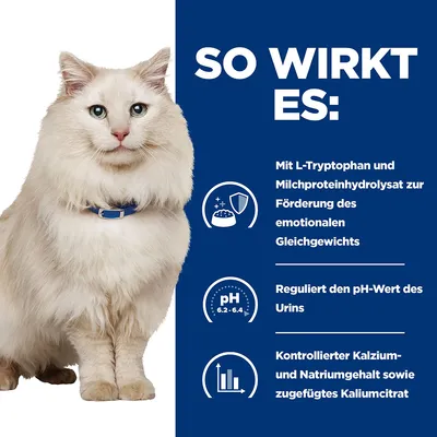 So wirkt es: Mit L-Tryptophan und Milchproteinhydrolysat zur Förderung des emotionalen Gleichgewichts. Reguliert den pH-Wert des Urins. Kontrollierter Kalzium- und Natriumgehalt sowie Kaliumcitrat.