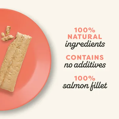 Tekst na engleskom: 100% natural ingredients, contains no additives, 100% salmon fillet. Prikazan file lososa na tanjuru.