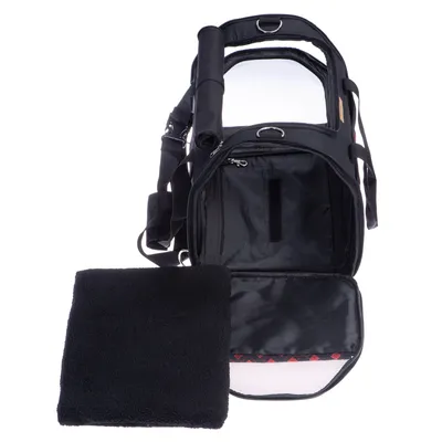 Sac de transport noir pour animaux, ouvert avec coussin amovible en tissu noir à côté, poignée et bandoulière visibles, parties en maille sur le dessus et l’avant.