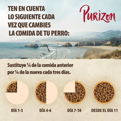Purizon. Sustituye ¼ de la comida anterior por ¼ de la nueva cada tres días. Día 1–3, día 4–6, día 7–10, desde el día 11. Instrucciones para cambiar la comida del perro.