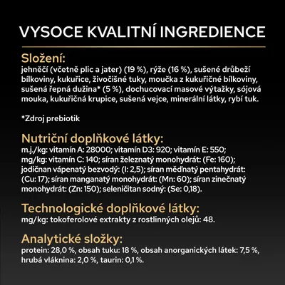 Seznam ingrediencí, nutriční doplňky a analytické hodnoty: jehněčí, rýže, drůbeží protein, vitaminy A, D3, E, C, minerální látky, protein 28 %, tuk 18 %, hrubá vláknina 2 %, taurin 0,1 %