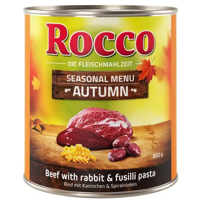 Rocco Die Fleischmahlzeit Seasonal Menu Autumn, Beef with rabbit & fusilli pasta, Rind mit Kaninchen & Spiralnudeln, 800 g dåse med kød, pasta og bønner vist på etiketten