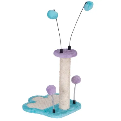 Arbre à chat avec griffoir en sisal, base turquoise en forme de patte, poteau central, jouets à pompons violets et bleus sur ressorts et tiges métalliques visibles.