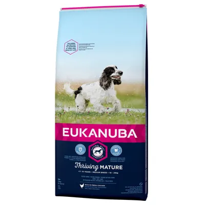 EUKANUBA Thriving Mature koiranruokapakkaus, keskikokoisille 7–10-vuotiaille koirille (10–25 kg). Pakkaus sisältää tekstin: Rich in fresh chicken, Optimal Body Condition.
