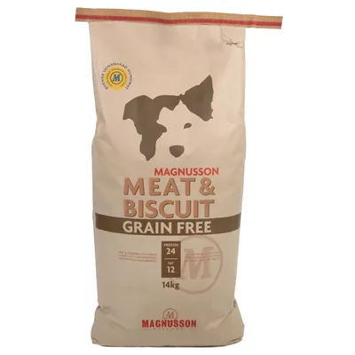 Sacco Magnusson Meat & Biscuit Grain Free, 14 kg. Testo visibile: Protein 24, Fat 12. Marchio Magnusson Petfood. Immagine stilizzata di cane sulla confezione.