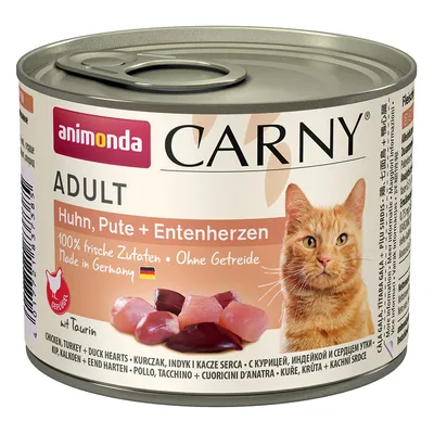 Animonda Carny Adult, kuracie, morčacie a kačacie srdcia. 100% čerstvé ingrediencie, bez obilnín, vyrobené v Nemecku, s taurínom.