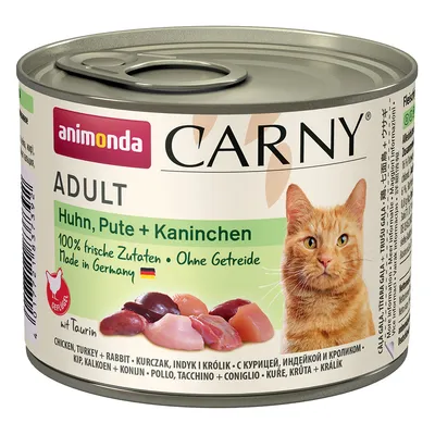 Animonda Carny Adult корм для кошек: курица, индейка и кролик. 100% свежие ингредиенты, без зерна, произведено в Германии, с таурином.