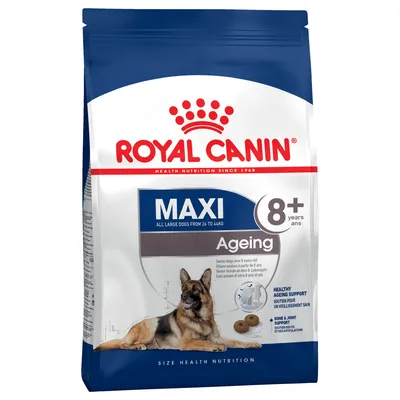 Royal Canin Maxi Ageing 8+ für große Hunde von 26 bis 44 kg, unterstützt gesundes Altern sowie Knochen- und Gelenkfunktion. Abgebildet ist ein Hund und Kroketten.