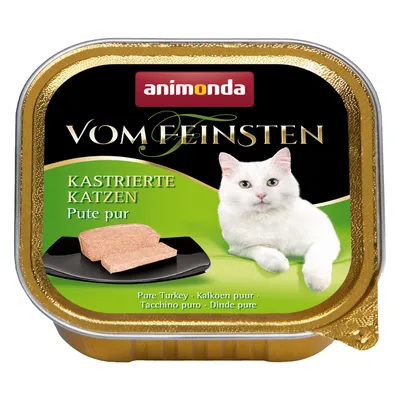 animonda Vom Feinsten KASTRIERTE KATZEN Pute pur, widoczny biały kot i kawałki karmy na czarnym talerzu. Tekst: Pure Turkey, Kalkoen puur, Tacchino puro, Dinde pure.