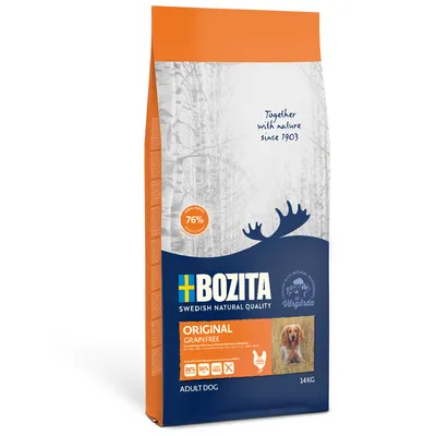 Sac Bozita Swedish Natural Quality Original Grain Free pentru câini adulți, 14 kg. Text vizibil: 76% animal protein, 26% proteină, 16% grăsimi, fără cereale, imagine câine pe ambalaj.