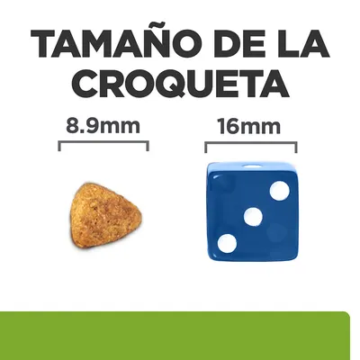 Tamaño de la croqueta: 8,9 mm comparado con un dado azul de 16 mm. Texto visible: 'TAMAÑO DE LA CROQUETA', '8.9 mm', '16 mm'.