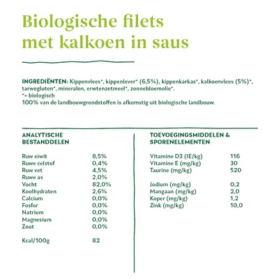 Biologische filets met kalkoen in saus. Ingrediënten: kippenvlees, kippenlever 6,5%, kalkoenvlees 5%, tarwegluten, mineralen, erwtenzetmeel, zonnebloemolie. Eiwit 8,5%, vet 4,5%, vocht 82%.