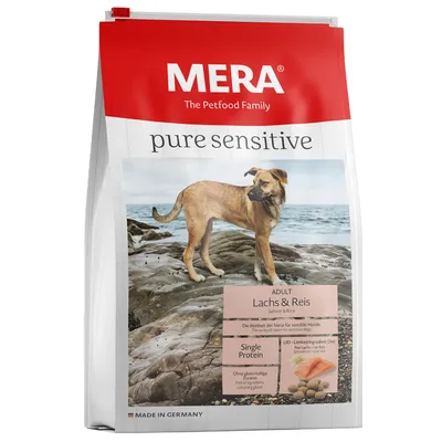 MERA pure sensitive Adult lohi & riisi. Yksi proteiini, ei gluteenipitoisia ainesosia. Valmistettu Saksassa.