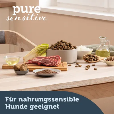 pure sensitive. Für nahrungssensible Hunde geeignet. Zutaten: Fleisch, Chicorée, Reis, Öl und Trockenfutter.