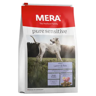 MERA pure sensitive Adult lammas & riisi, yksi proteiini, ilman gluteenipitoisia ainesosia, rajoitettu ainesosamäärä, valmistettu Saksassa.