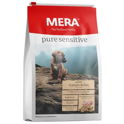 MERA pure sensitive Junior kalkkuna & riisi. Yksi proteiini, sisältää kolostrumia, ei gluteenipitoisia ainesosia. Valmistettu Saksassa.