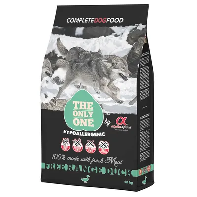 Sac de croquettes Alpha Spirit THE ONLY ONE, hypoallergenic, 100% made with fresh meat, free range duck, 12 kg. Mentions gluten free, meat meal free, not extruded, soy free.