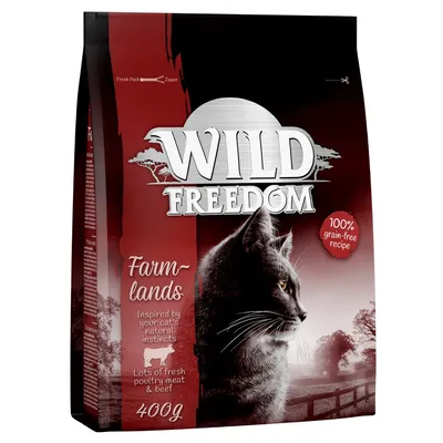 Confezione Wild Freedom Farmlands 400 g, ricetta 100% grain-free, carne fresca di pollame e manzo, ispirata agli istinti naturali del gatto. Immagine di un gatto sul fronte.