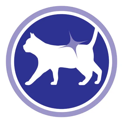 White cat silhouette with a star shape on lower back, inside a blue and purple circle. No text visible.