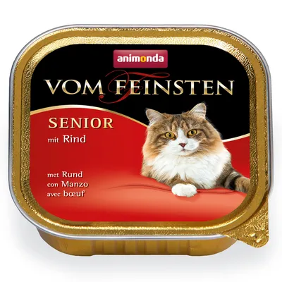 animonda Vom Feinsten SENIOR mit Rind, hrană umedă pentru pisici, imagine cu o pisică pe ambalaj. Text suplimentar: met Rund, con Manzo, avec bœuf.