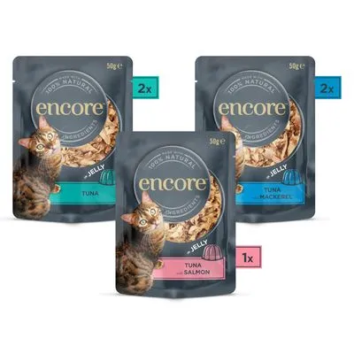 Encore kattenvoer in jelly, 2x tonijn 50g, 2x tonijn-makreel 50g, 1x tonijn-zalm 50g. Verpakking toont kat en tekst '100% natural ingredients'.