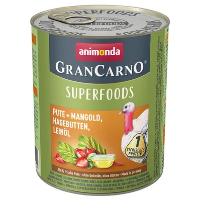 Conservă Animonda GranCarno Superfoods, text vizibil: Pute + Mangold, Hagebutten, Leinöl, 1 tierisches Protein. Imagine curcan, legume și ulei pe etichetă.