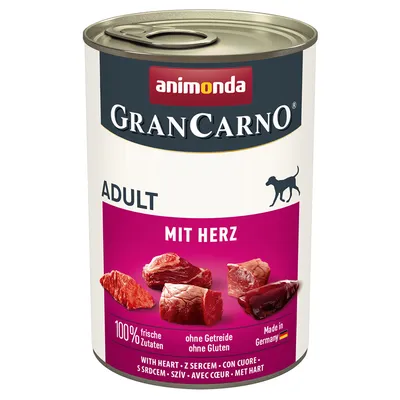 Konzerva animonda GranCarno Adult MIT HERZ, 100 % frische Zutaten, ohne Getreide ohne Gluten, Made in Germany. Obrázky kúskov mäsa na etikete.