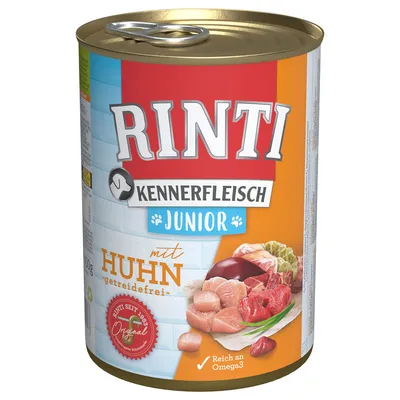 Rinti Kennerfleisch Junior met Huhn, graanvrij. Tekst: 'Reich an Omega3', 'Rinti seit 1988 Original'. Afbeelding van vlees en orgaanvlees op het etiket.