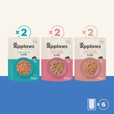Applaws Natural Cat Food: 2x Tuna Fillet in Jelly, 2x Tuna Fillet with Prawn in Jelly, 2x Tuna Fillet with Salmon in Jelly, each 70 g, a total of 6 pouches. Applaws Natural Cat Food: 2x Tuna Fillet in Jelly, 2x Tuna Fillet with Prawn in Jelly, 2x Tuna Fillet with Salmon in Jelly, each 70 g, a total of 6 pouches.