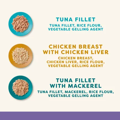Ingredients overview: Tuna fillet with rice flour and plant-based gelling agent, chicken breast with chicken liver, tuna fillet with mackerel, each with rice flour and plant-based gelling agent. Ingredients overview: Tuna fillet with rice flour and plant-based gelling agent, chicken breast with chicken liver, tuna fillet with mackerel, each with rice flour and plant-based gelling agent.