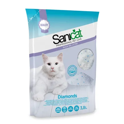 Sanicat Professional Pet Love Silica Gel Litter Diamonds, 3,8L. Förpackning med bild på vit katt och närbild av kattsand med blå partiklar. Text: hyperabsorberande, låg underhåll, långvarig.