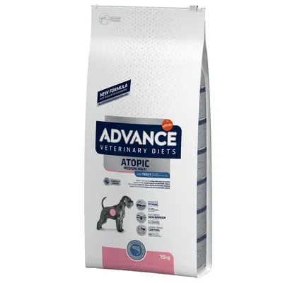 Advance Veterinary Diets Atopic Medium-Maxi cu păstrăv, 15kg. Susține sănătatea pielii și reduce mâncărimea. Nouă formulă cu antioxidanți naturali.