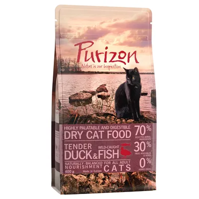 Purizon Dry Cat Food, Tender Duck & Fish, 70 % selected animal ingredients, 30 % fruit, vegetables & herbs, 0 % added grain, 400 g. Highly palatable and digestible. Made in Europe.