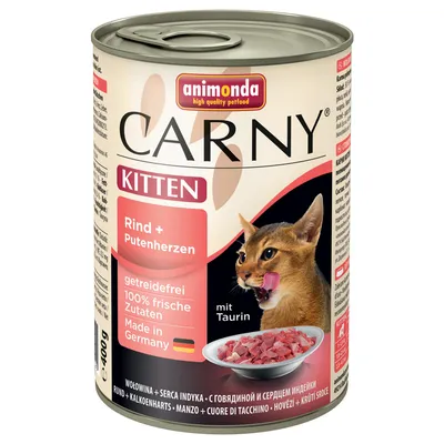 Animonda Carny Kitten Rind + Putenherzen, getreidefrei, 100 % frische Zutaten, Made in Germany, mit Taurin. Kuvassa kissanpentu ja kulhollinen lihaa. 400 g tölkki.