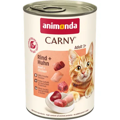 animonda Carny Adult 1+ Naudanliha + Kana. 100 % tuoreita ainesosia, korkea eläinproteiinipitoisuus, ilman lisättyä viljaa ja sokeria. animonda Carny Adult 1+ Naudanliha + Kana. 100 % tuoreita ainesosia, korkea eläinproteiinipitoisuus, ilman lisättyä viljaa ja sokeria.