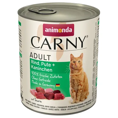 Animonda Carny Adult wołowina, indyk i królik. 100% świeżych składników, bez zbóż, wyprodukowano w Niemczech, z tauryną.