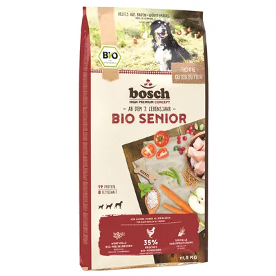 Bosch Bio Senior koiranruoka yli 7-vuotiaille, 35 % tuoretta luomu-kanaa, arvokkaita luomu-karpaloita, erityinen yrttiseos, Made in Germany, 11,5 kg.