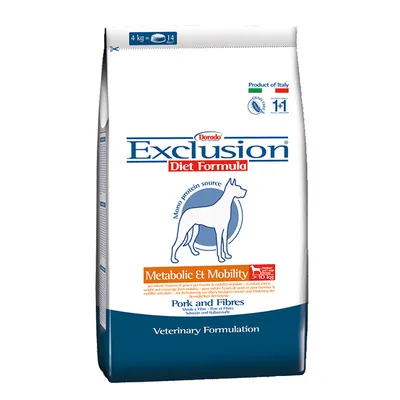 Sac de croquettes Dorado Exclusion Diet Formula Metabolic & Mobility, source de protéines mono, porc et fibres, formulation vétérinaire, pour chiens 5–10 kg. Produit d’Italie, 4 kg = 14 repas.