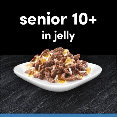 Wet food in jelly for senior 10+ shown on a plate, with text stating 'senior 10+ in jelly'.