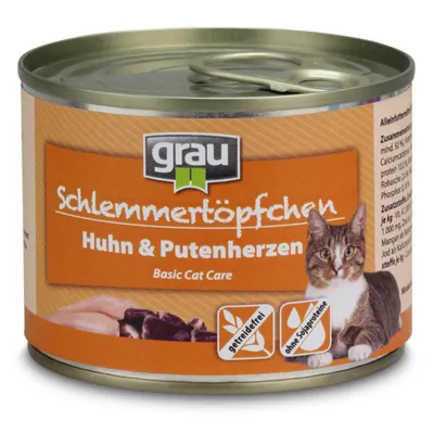 grau Schlemmertöpfchen Huhn & Putenherzen, Basic Cat Care, afbeelding van kat, pictogrammen: graanvrij, zonder soja-eiwit