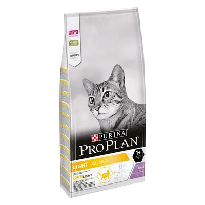 Purina Pro Plan Light Adult, karma dla kotów dorosłych, 1+, bogata w indyka. Widoczne oznaczenia: OPTILIGHT, isfm, brak dodatku sztucznych barwników.