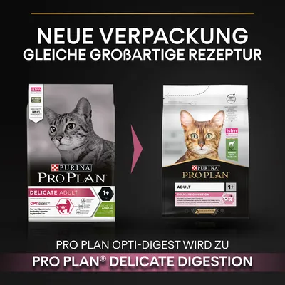 Changement d’emballage pour PURINA PRO PLAN Delicate Adult 1+ OptiDigest, devient PRO PLAN Delicate Digestion Adult 1+, texte en allemand : Neue Verpackung, gleiche großartige Rezeptur.