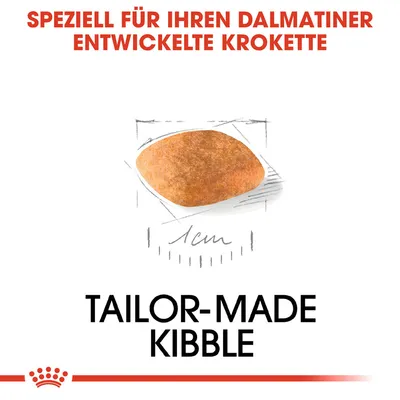 Speziell für Dalmatiner entwickelte Krokette, massgeschneidert mit einer Grösse von 1 cm. Text: Tailor-Made Kibble.