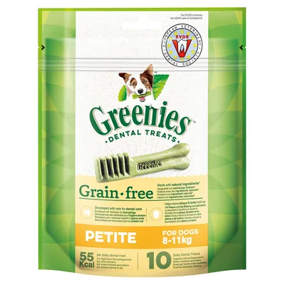 Greenies Dental Treats Grain-free, PETITE voor honden 8–11 kg, 10 stuks, 55 kcal per snack. EVDS keurmerk zichtbaar op verpakking.