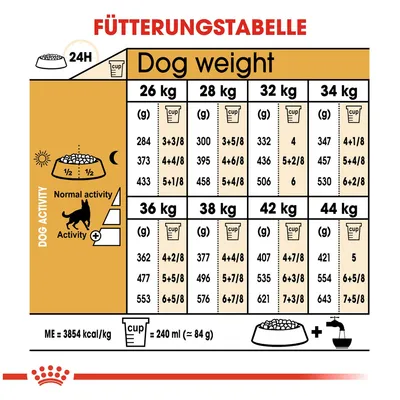 Fütterungstabelle für Hunde basierend auf Gewicht und Aktivität. Angaben in Gramm und Cups, ME: 3854 kcal/kg, 1 Cup = 240 ml (≈ 84 g). Normal- und erhöhte Aktivität berücksichtigt.