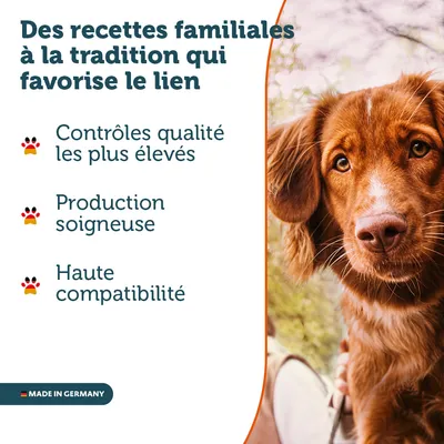 Des recettes familiales à la tradition qui favorise le lien. Contrôles qualité les plus élevés, production soigneuse, haute compatibilité. Made in Germany.