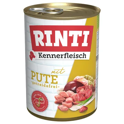 RINTI Kennerfleisch con tacchino, senza cereali. Rinti dal 1983 Original. Immagine di pezzi di carne e ingredienti.