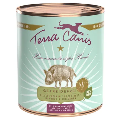 Boîte Terra Canis pour chiens, sans céréales, sanglier avec betterave rouge, marrons et graines de chia. Texte en anglais : wild boar meat with beetroot, sweet chestnut & chia seeds.